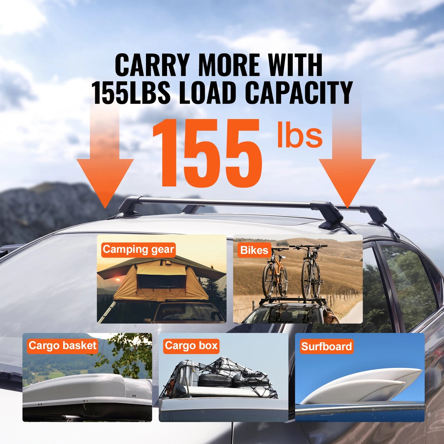 VEVOR 155lbs Universal Roof Rack Cross Bars Aluminum Roof Rack Crossbars Adjustable Bare Roof Crossbars with Lock for SUV & Vans