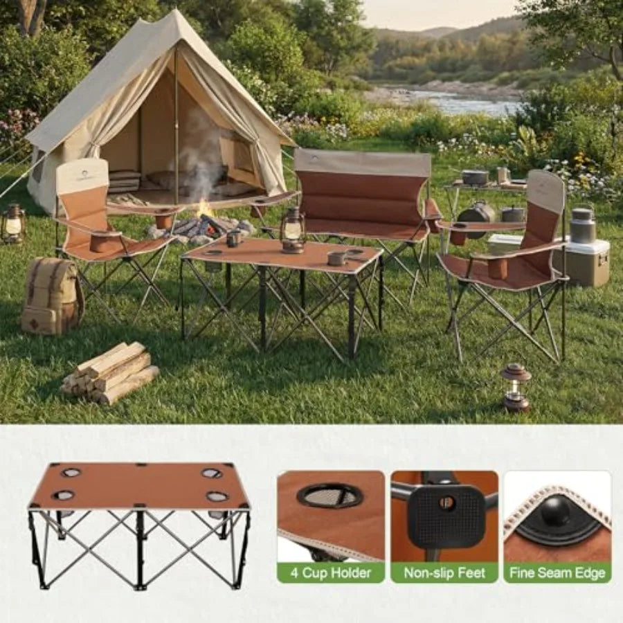 Set of 3 Outdoor Folding Camping Chairs for Heavy People with Cup Holder and Carry Bag Includes One Sofa Chair and Two Single C