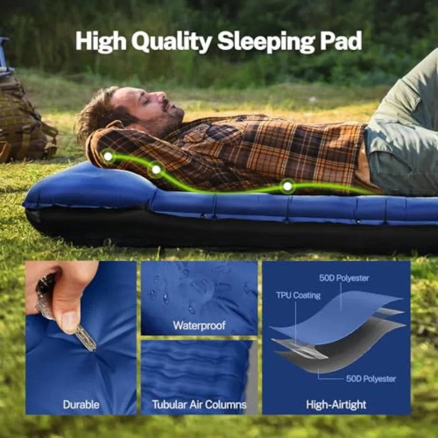 6 Extra-Thick Reinforced Camping Sleeping Pad with Pillows Built-in Foot Pump Ultralight Self-Inflating Air Mattress Mat for Te