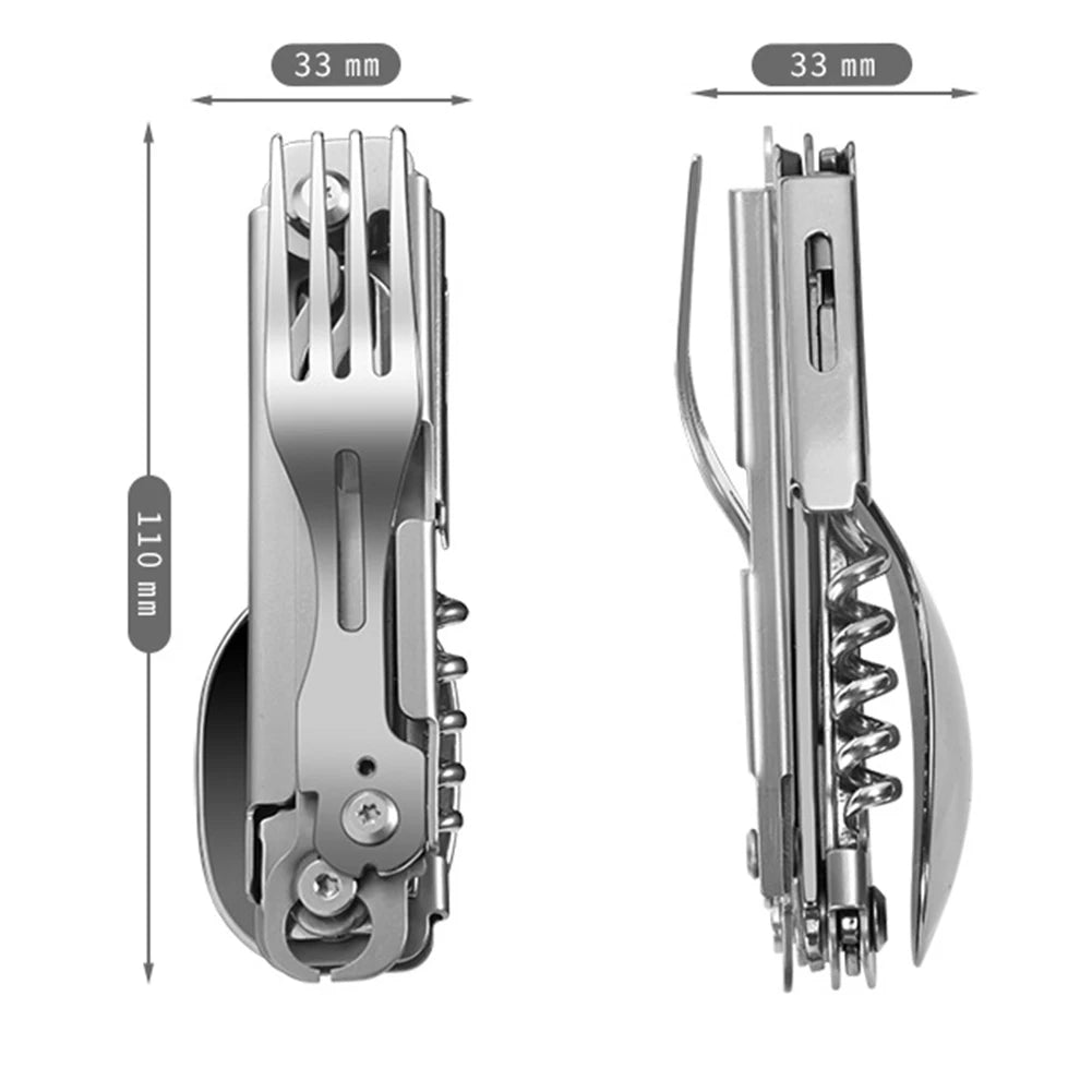 Six in One Multifunctional Foldable Camping Cutlery Set Portable Stainless Steel Outdoor Utensils for Picnic Hike Travel