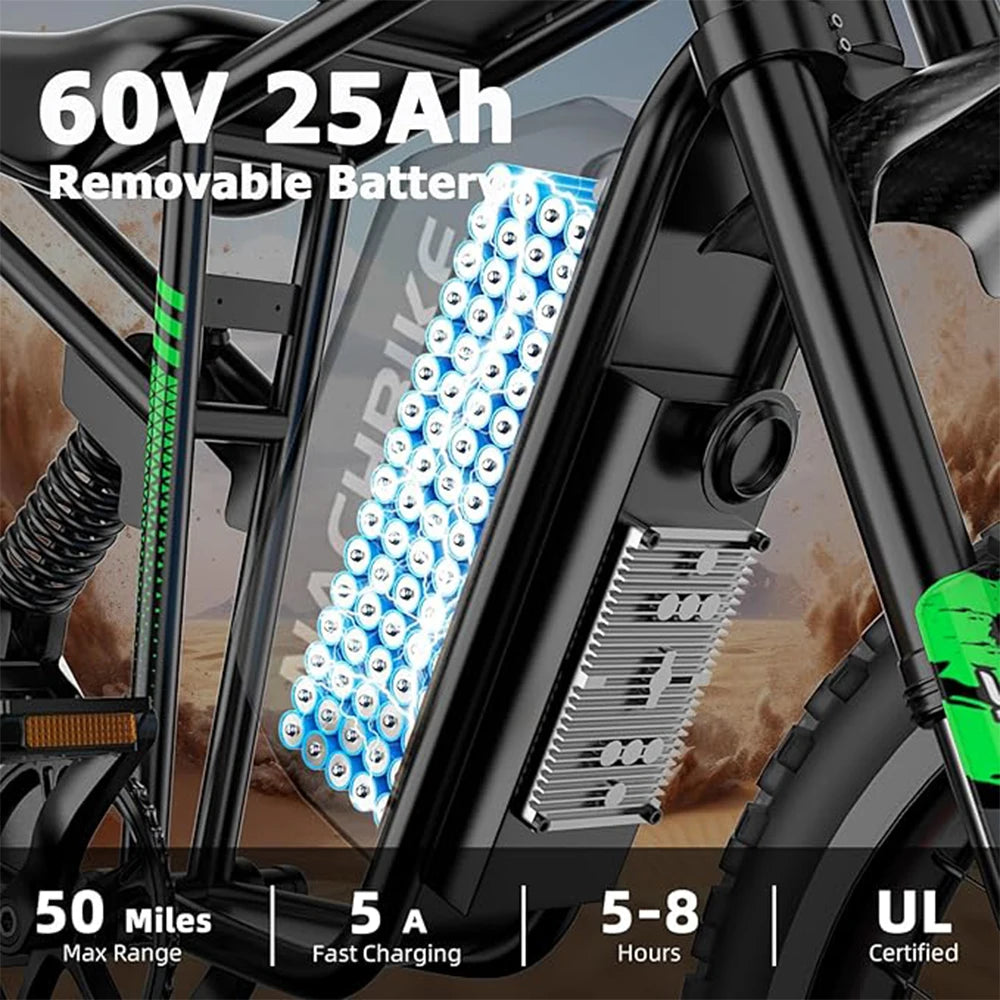 2025 50MPH Electric Bike 6000W Electric Dirt Bike with 60V25Ah Battery Max 50Miles Dual Hydraulic Brake Full Suspensions E-Bike