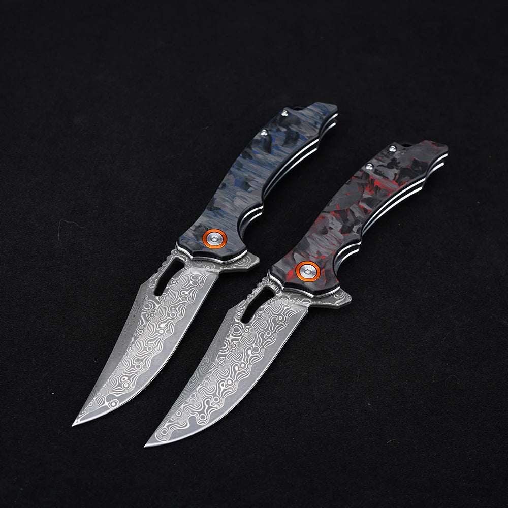 Carbon Fiber Folding Knife Damascus Steel Pocket Knife Outdoor Camping Survival Tactical Hunting Combat Knives EDC Hand Tool
