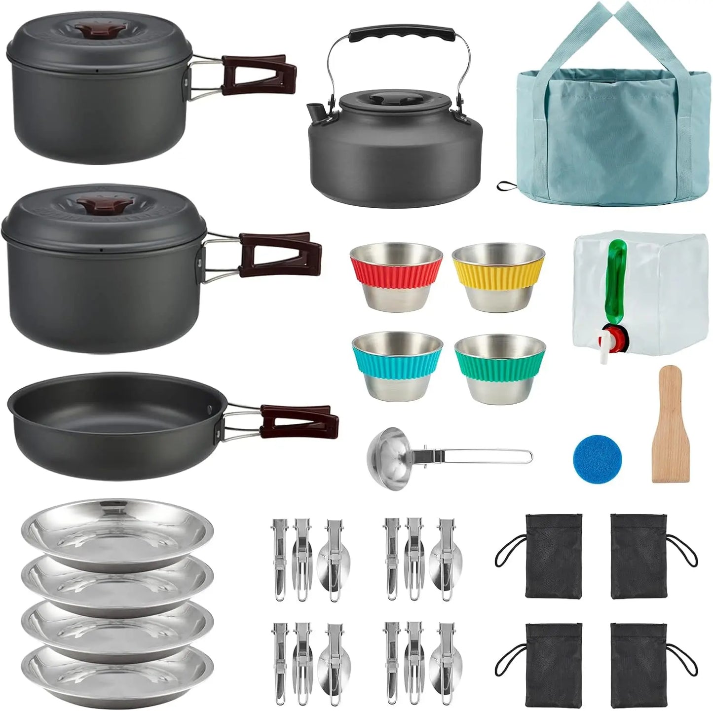 24-Piece Lightweight Camping Cookware Set for Family Hiking, Picnic - Pots, Pan, Kettle, Bowls & Utensils