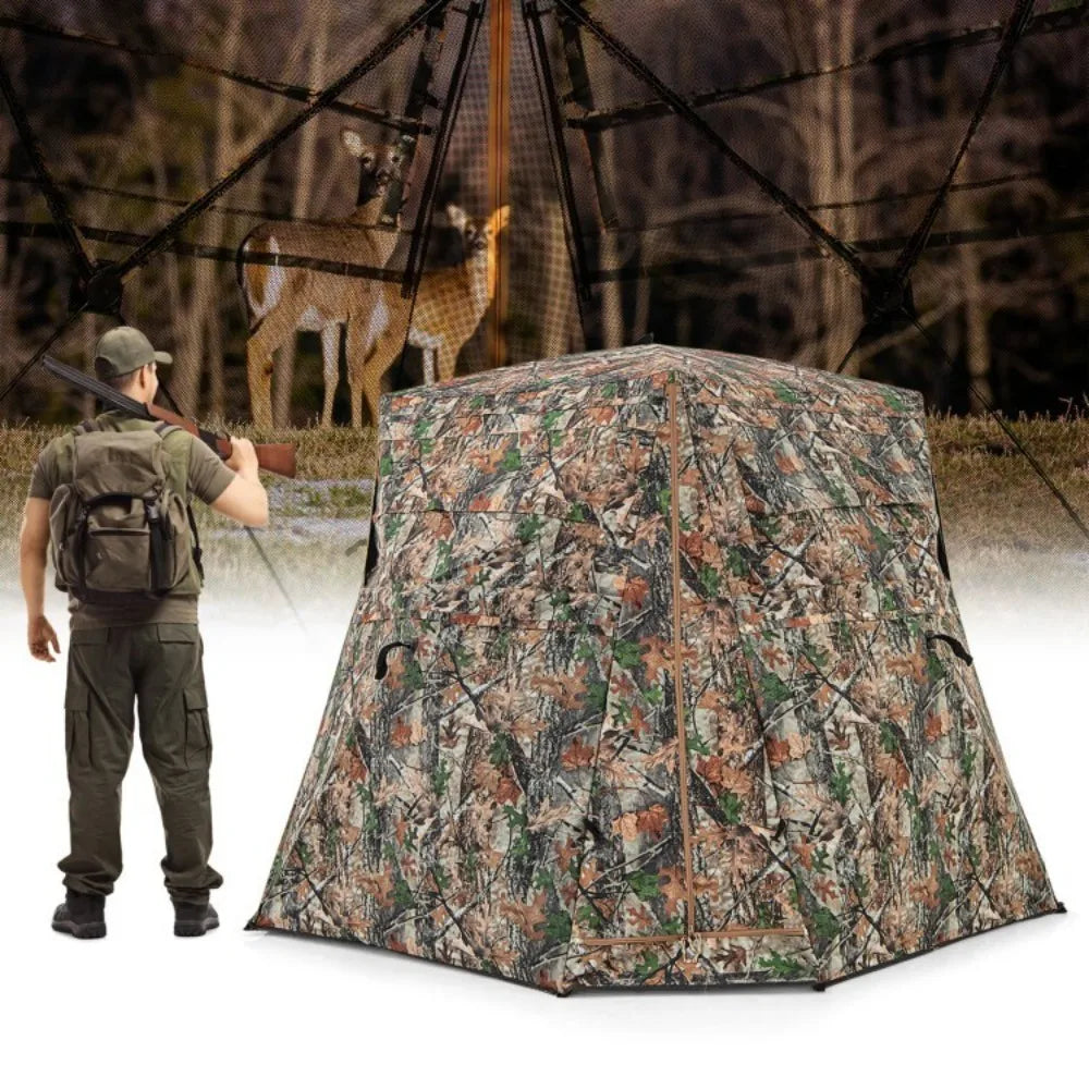 360° Pop Up Hunting Ground Blind W/4 Full Panels Of One-Way See-Through Fabric