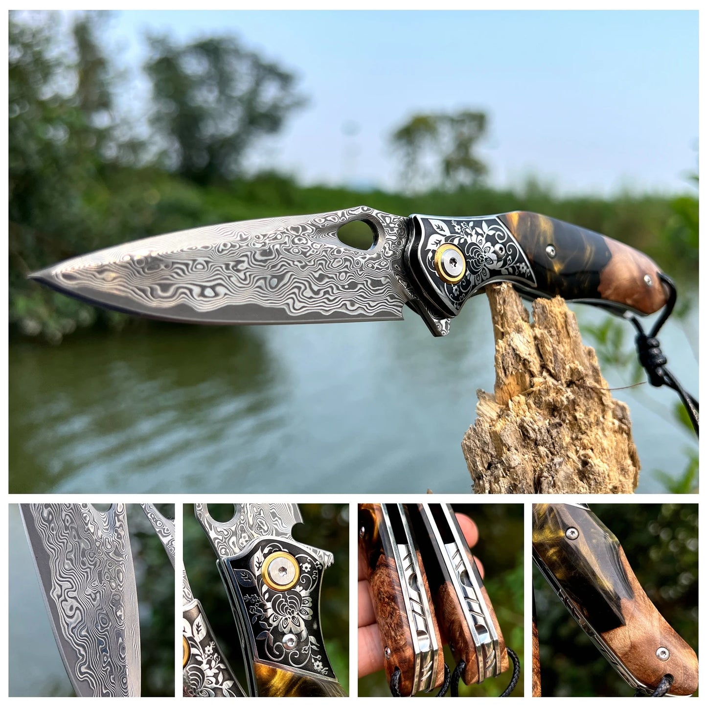 High Quality Damascus Steel Pocket Knife with Sheath, Resin Maple Handle, EDC Survival Adventure Tools Hunting Folding Knife