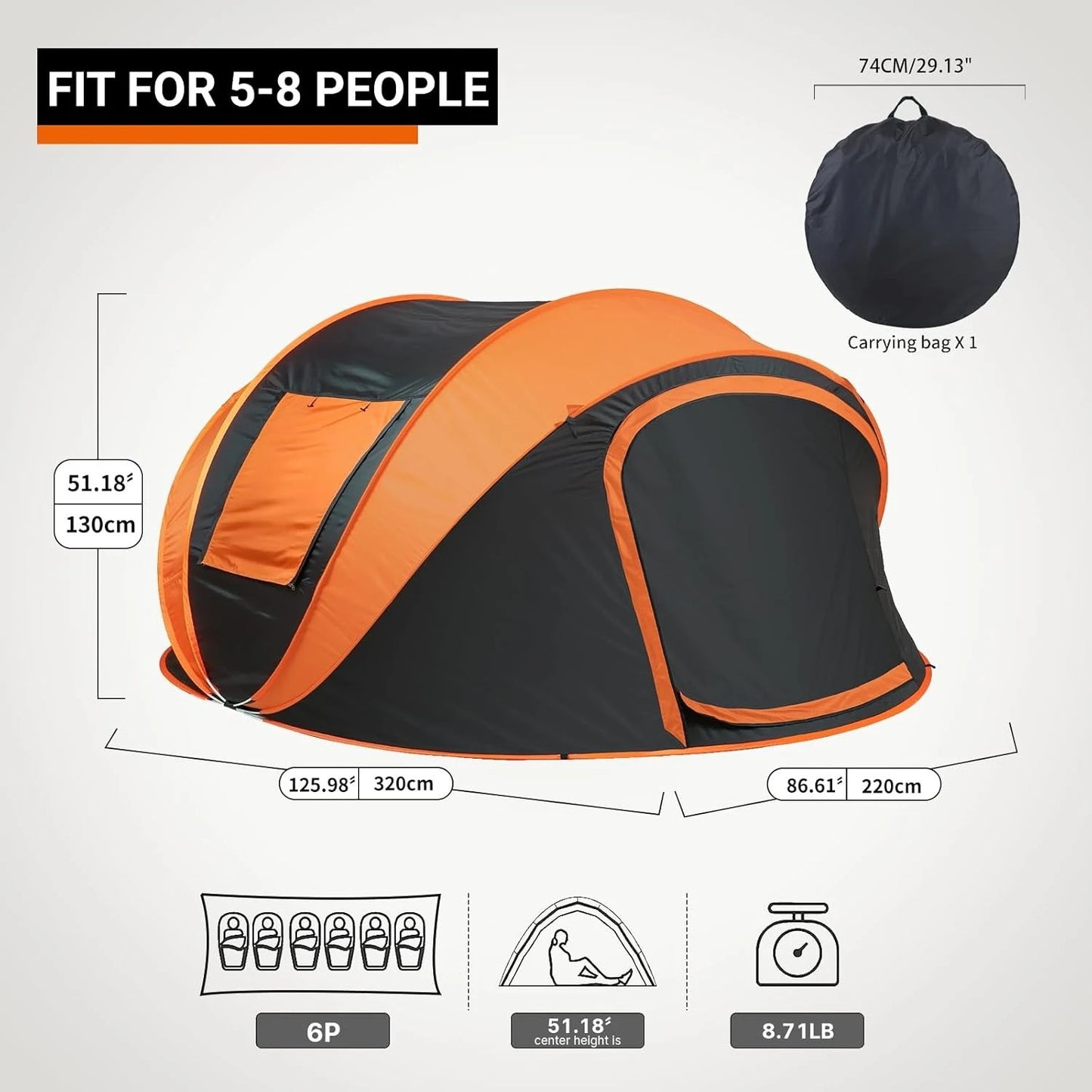 Instant Pop Up Camping Tent,6 Person, Easy Setup Tent, Water Resistant Dome, Portable with Carry Bag