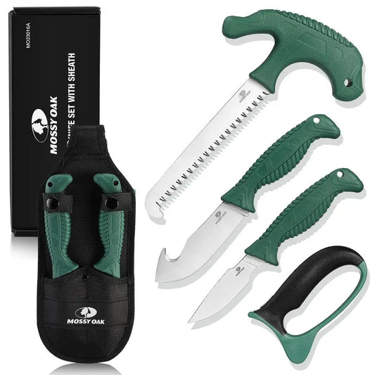 Field Dressing Kit, 4 Pcs Hunting Knife Set with Portable Sheath, GutHook Skinner, Caping Knife, Wood Bone Saw, Knife Sharpener,