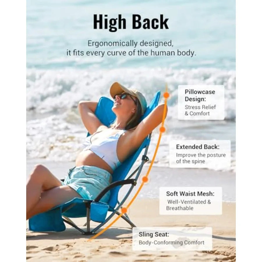 High Back Folding Beach Chair for Adults Oversized Breathable Mesh Seat in Black 300lbs Heavy Duty Portable Chair with Cup Hold