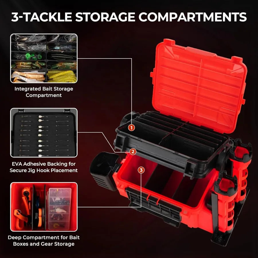 MadBite By KastKing RigHub Portable Tackle Storage Box with Adjustable Rod Holder and Cup Holder Removable Dividers for Fishing
