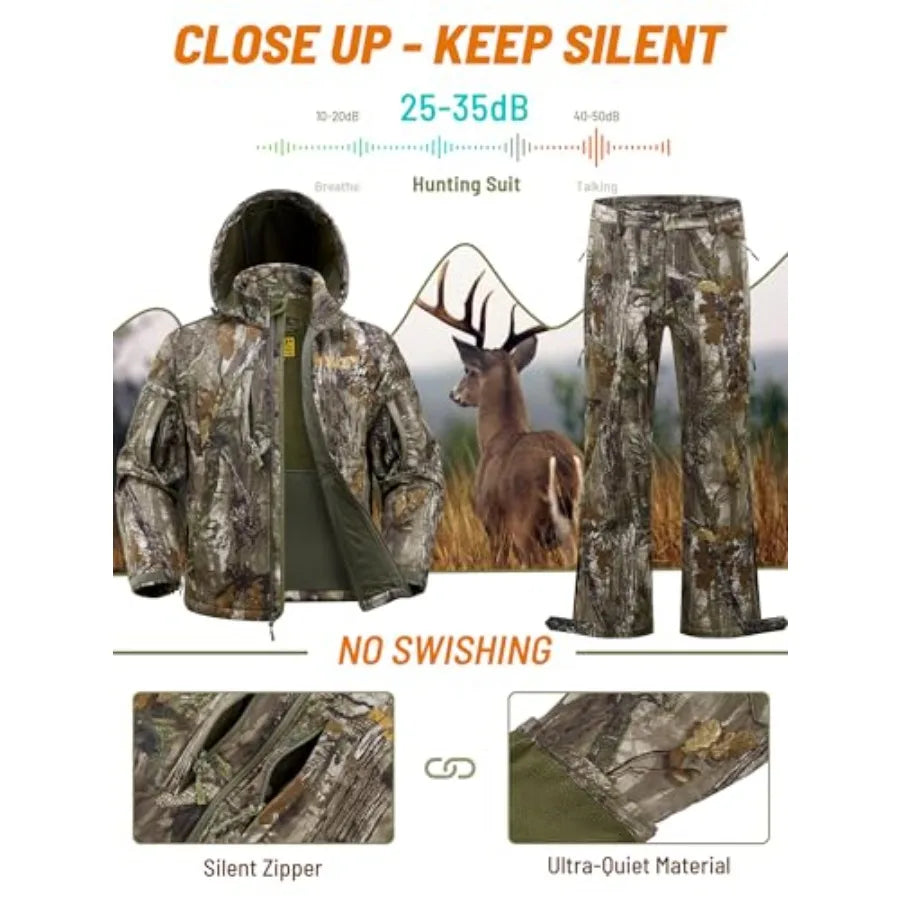 Camo Hunting Clothes for Men Quiet Warm Fleece Lining Cold Weather Deer Hunting Jacket and Pants with Face Mask Ideal for Outdo