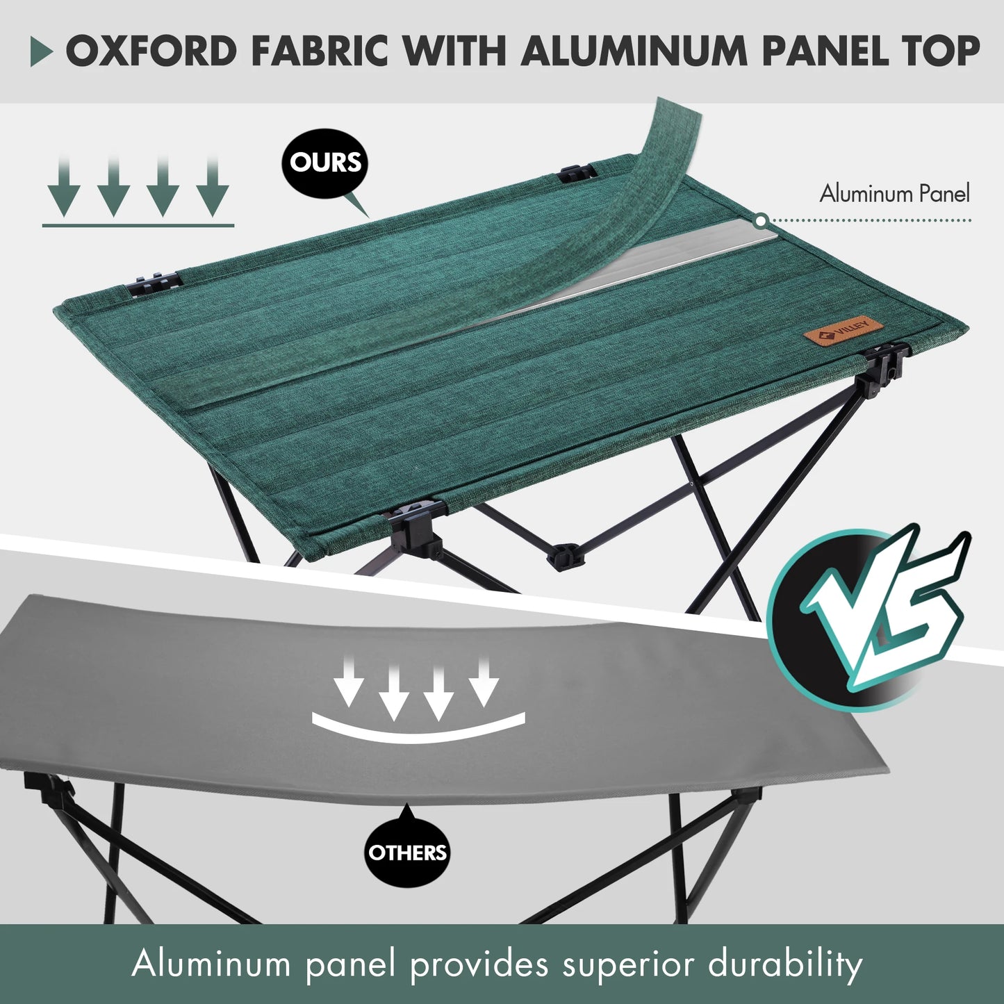 VILLEY Folding Camping Table with Carry Bag, Portable Lightweight Beach Table with Oxford Fabric and Reinforced Aluminum Panel