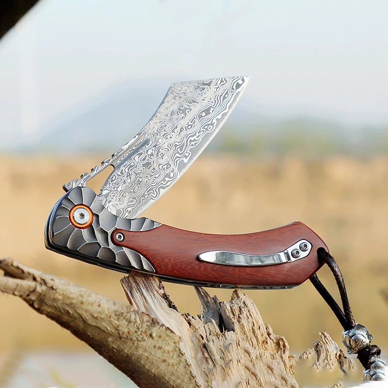 Handmade Damascus Steel Folding Pocket Knife, EDC Outdoor Adventure Pocket Knife, Hunting Hiking Mountaineering Camping Knife