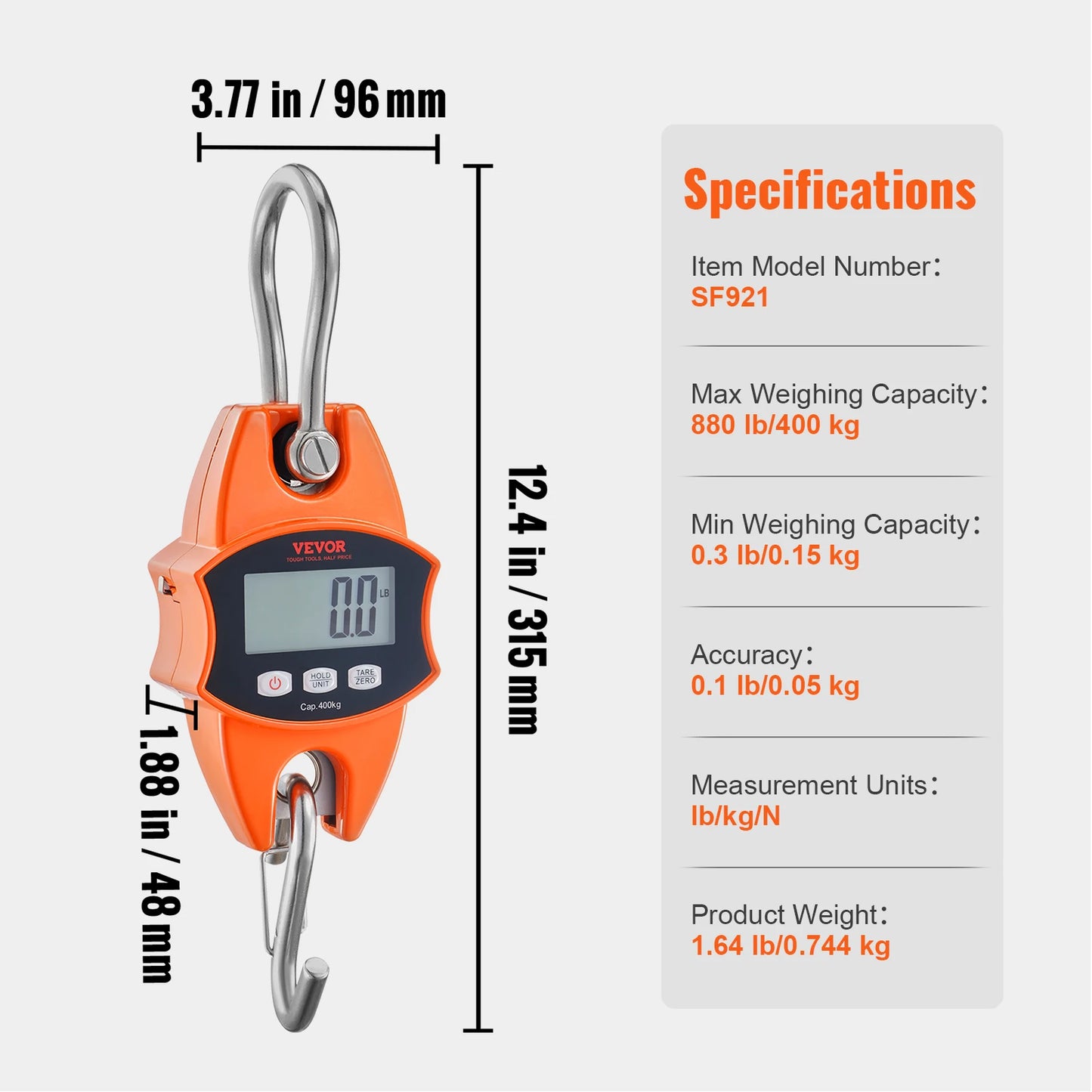 SucceBuy 300/400kg Digital Crane Scale Industrial Hanging Scale Handheld Mini Crane with Hooks Screen for Outdoor Fishing Garage