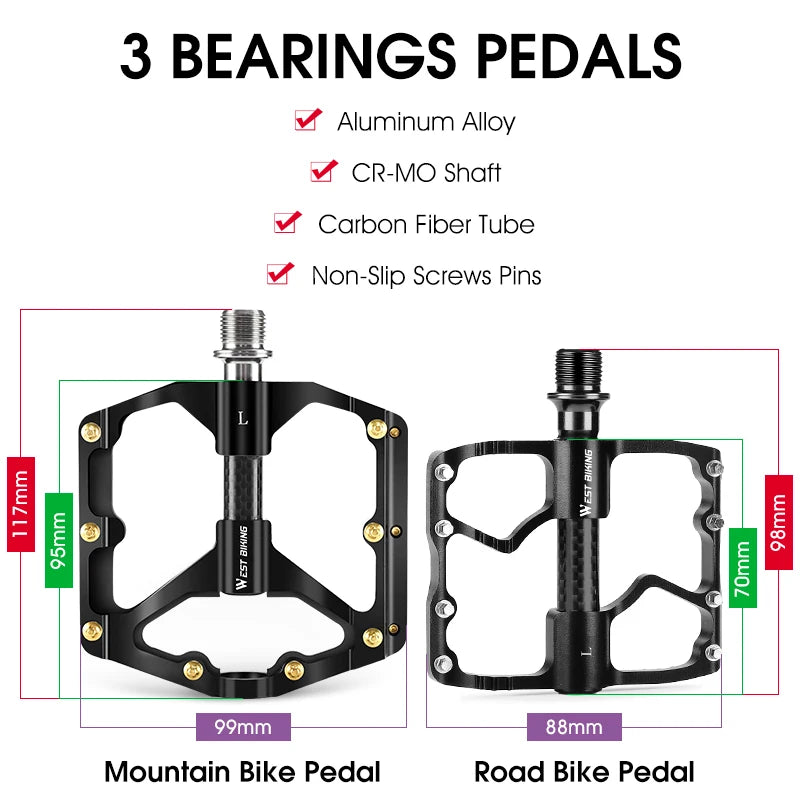 WEST BIKING Bicycle Pedals 3 Bearings Ultralight Carbon Fiber Road Bike Pedals BMX MTB Flat Pedals Professional Bike Parts