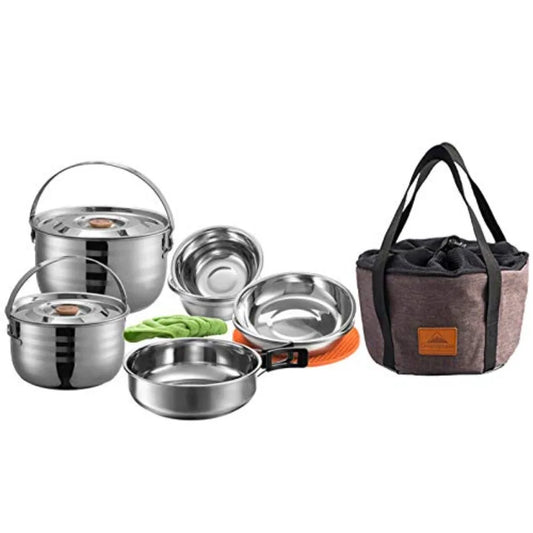 CAMPINGMOON Camping Cookware Set Stainless Steel Outdoor Nesting Cooking Mess Kit Pots Pans Bowls with Storage Carrying Tote Ba
