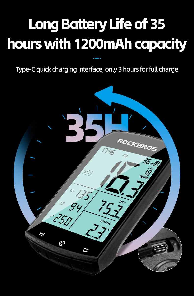 ROCKBROS Wireless GPS Bicycle Computer - Speed Measurement, Positioning, Odometer with Cadence Sensor for Mountain Road Cycling