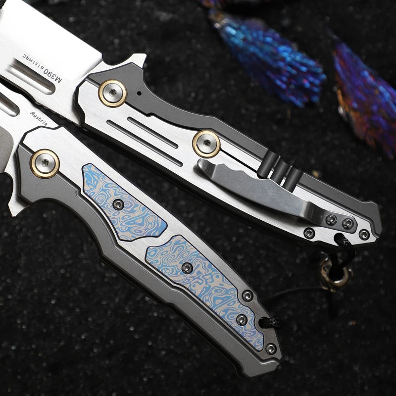 Outdoor Tactical Folding Knife, M390 Steel Pocket Knife with Leather Sheath, Men's Camping Hunting, Carrying Adventure Knife